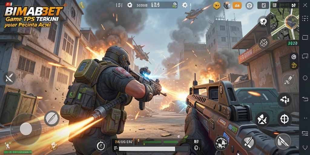 Screenshot gameplay BIMABET menampilkan aksi seru di medan perang TPS.