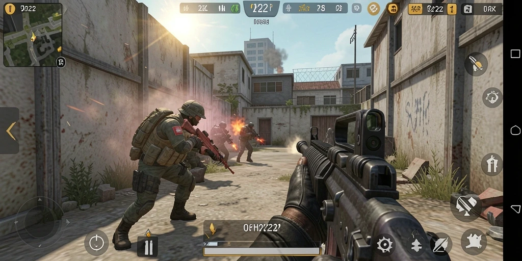 Tampilan gameplay menarik dari OH222 dengan aksi pertempuran FPS yang mendebarkan.
